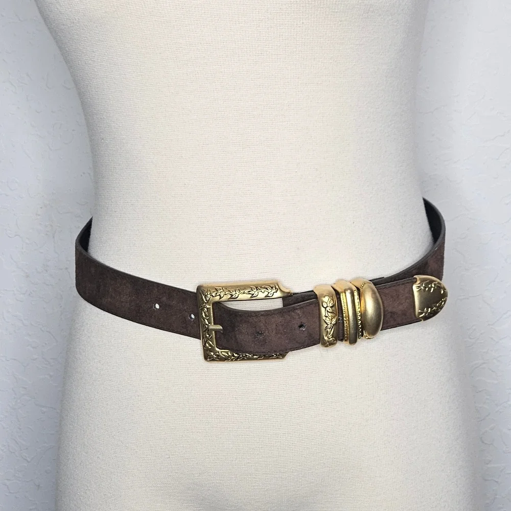 Vintage Express Brown Leather Belt Gold Western Concho Buckle Made Korea Medium